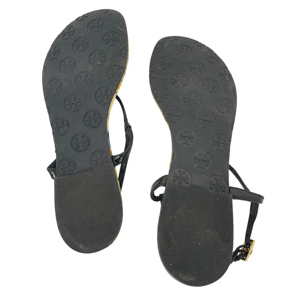 Tory Burch Emmy Floral Patent Leather Thong Sandals Navy Yellow Gold Logo 7.5M